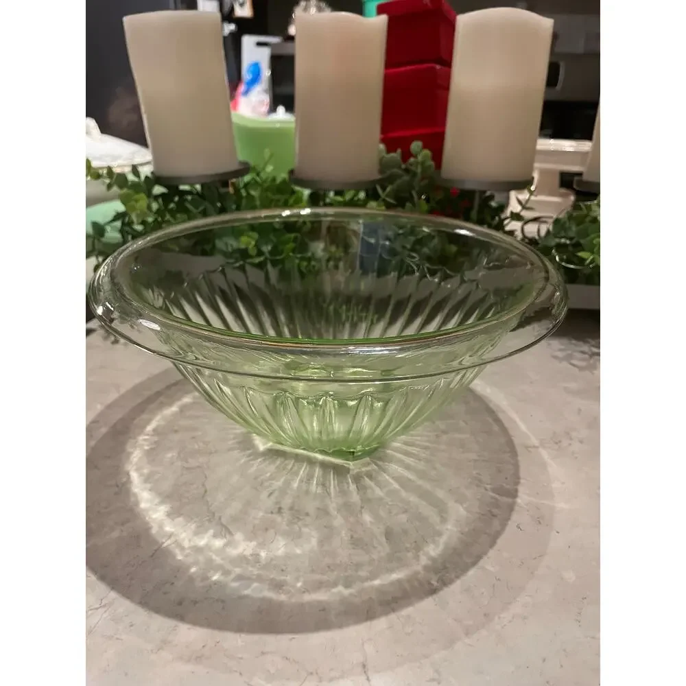 Vintage Hazel Atlas Ribbed Green Uranium Small bowl c1930 MCM 9x4 Glows.